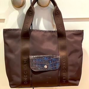 Longchamp Chocolate Brown Nylon Shopper Tote Bag Handbag